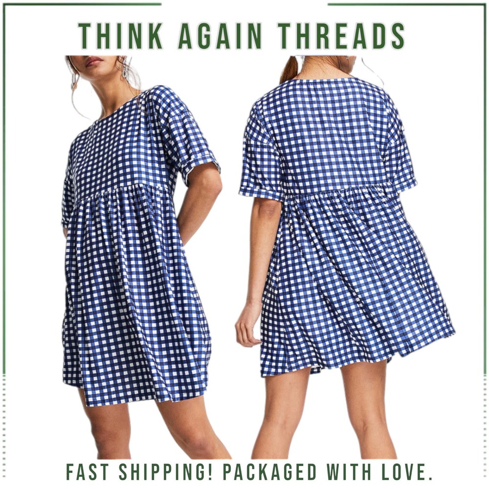 NWT Urban Threads Smock Mini Dress in Navy Gingham Print Size 14